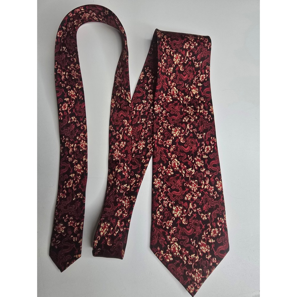Museum Artifacts Silk Tie Mens Dragon Floral Burgundy Gold Red Jacquard